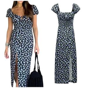 Zara Linen Blend Floral Puff Sleeve Smocked Waist Front Slit Dress